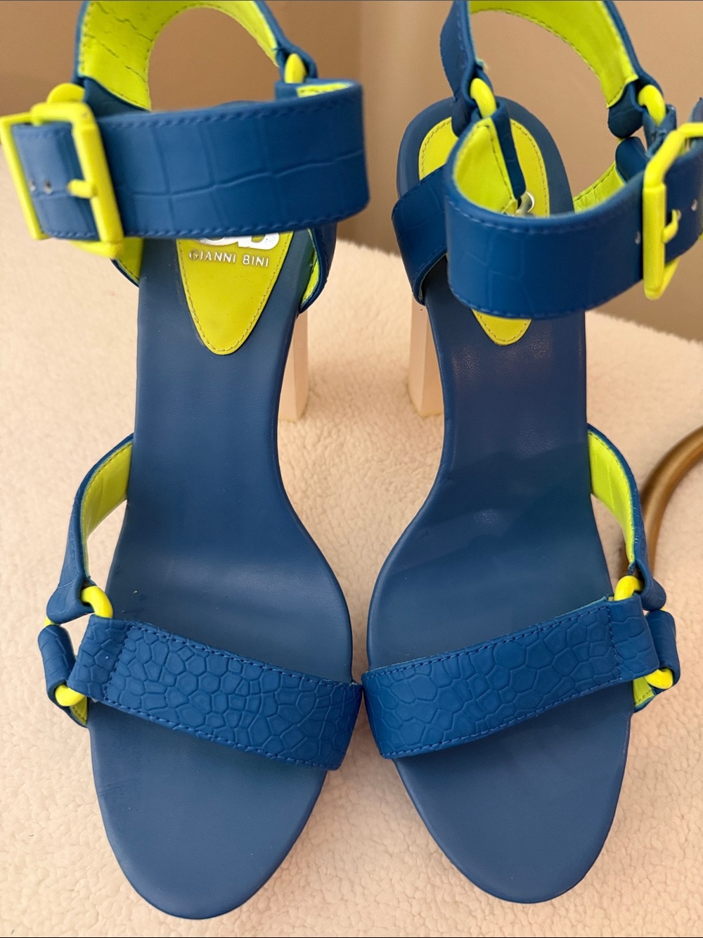 Gianni Bini Blue and Neon Yellow Block Heel Sandals